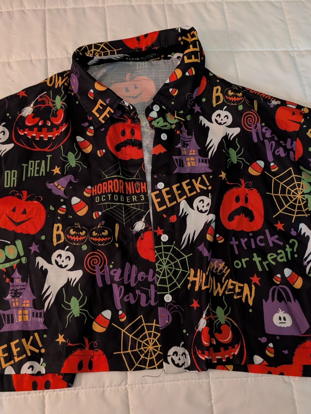 SHEIN Black Halloween Button-Down Shirt with Red & Purple Accents